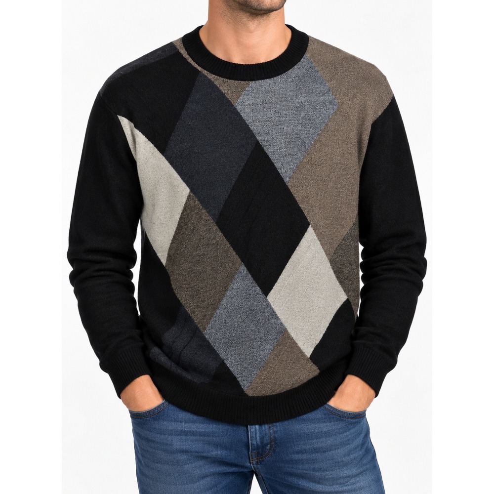 Pronto Uomo Vintage Geometric Colorblock Wool Blend Sweater XL Black Grey Brown